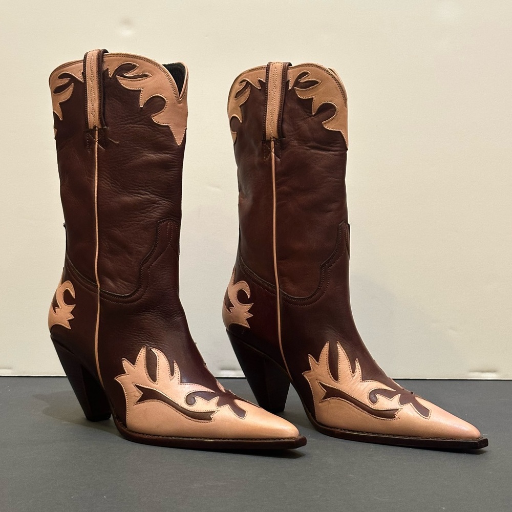 Lucchese Brown and Tan Two-Tone Pointed Toe Cowboy Boots - Picture 2 of 10